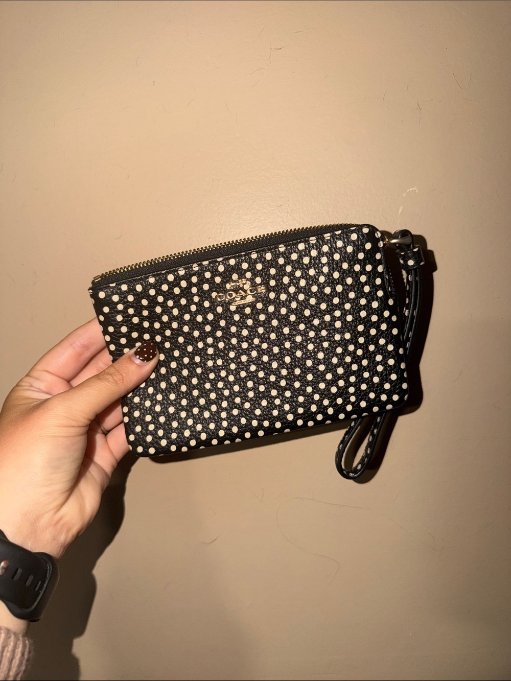 Coach Black Wristlet with White Polka Dots